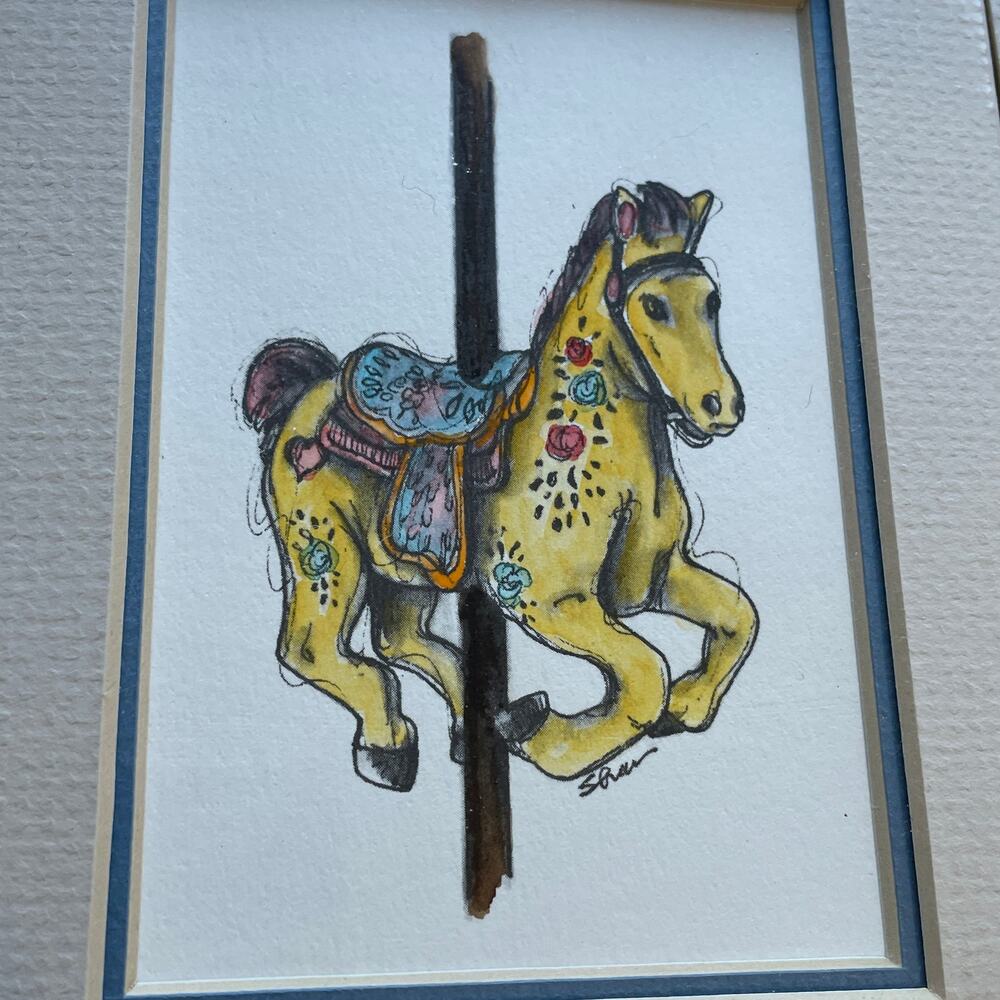 Yellow Carousel Horse 5x7 Matted Print Hand Watercolor, Signed Shar Coulson - Picture 2 of 8